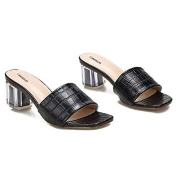 CAMSSOO Women's Square Toe Heeled Mule Sandal Open Toe Slip On Sexy Dress Wedding Backless Clear Chunky Block Heels Slides Slippers Black PU Size US 9