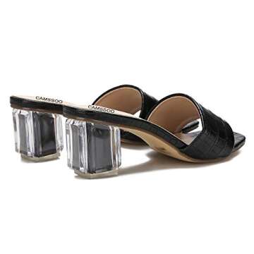 CAMSSOO Women's Square Toe Heeled Mule Sandal Open Toe Slip On Sexy Dress Wedding Backless Clear Chunky Block Heels Slides Slippers Black PU Size US 9