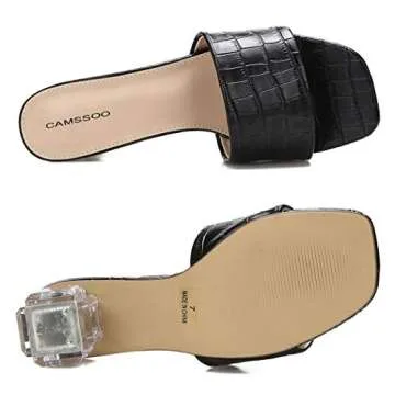 CAMSSOO Women's Square Toe Heeled Mule Sandal Open Toe Slip On Sexy Dress Wedding Backless Clear Chunky Block Heels Slides Slippers Black PU Size US 9