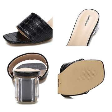 CAMSSOO Women's Square Toe Heeled Mule Sandal Open Toe Slip On Sexy Dress Wedding Backless Clear Chunky Block Heels Slides Slippers Black PU Size US 9