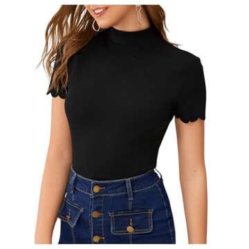 SweatyRocks Women's Mock Neck Scallop T-Shirt in Black