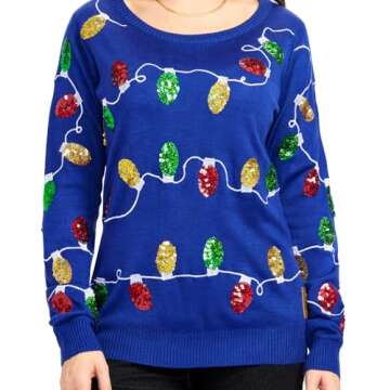Tipsy Elves Sequined Ugly Christmas Sweater for Women Christmas Lights Cute Lady's Holiday Decorations Blue Pullover Size Medium