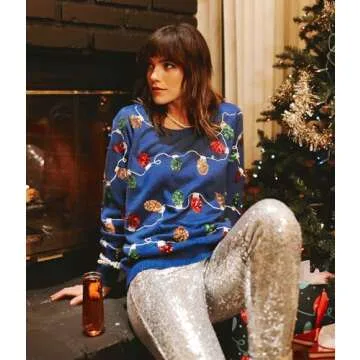 Tipsy Elves Sequined Ugly Christmas Sweater for Women Christmas Lights Cute Lady's Holiday Decorations Blue Pullover Size Medium