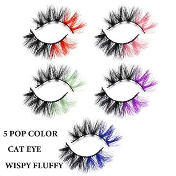 gootrades 2023 5 Pairs Colored False Eyelashes Pack, 3D Fluffy Faux Mink Color Eye Lashes Strip Wipsy Multicolored Two-Toned Fake Lashes for Daily Christmas Cosplay, Red/Pink/Blue/Green/Purple Lashes on the End
