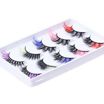 gootrades 2023 5 Pairs Colored False Eyelashes Pack, 3D Fluffy Faux Mink Color Eye Lashes Strip Wipsy Multicolored Two-Toned Fake Lashes for Daily Christmas Cosplay, Red/Pink/Blue/Green/Purple Lashes on the End