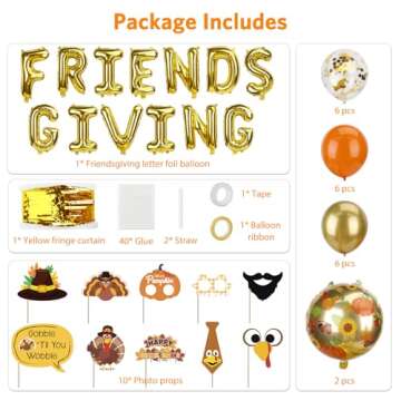 Friendsgiving Party Decorations, Friendsgiving Balloons Garland Kit includes Gold "FRIENDS GIVING" Foil Banner, 14 Balloons, 10 Photo Props and 1 Gold Fringe Curtain, 38 Pcs Thanksgiving Fall Decor