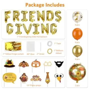 Friendsgiving Party Decorations, Friendsgiving Balloons Garland Kit includes Gold "FRIENDS GIVING" Foil Banner, 14 Balloons, 10 Photo Props and 1 Gold Fringe Curtain, 38 Pcs Thanksgiving Fall Decor