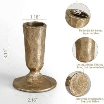 Handcrafted Antique Brass Iron Taper Candle Holders - Set of 2 Elegant Candlesticks for Weddings, Di...
