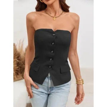 Cicy Bell Notched Neck Tube Tops Blazer Sleeveless Button Fitted Strapless Work Blazer Vest