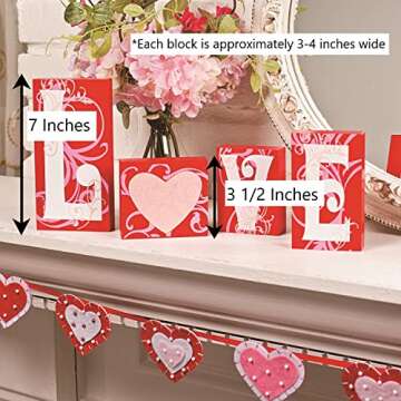 Love Blocks Wooden V-day Gift Table Top Decoration Home Accent Red Pink White Scrolls Heart Shape De...