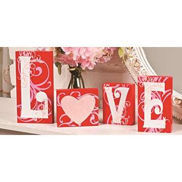 Love Blocks Wooden V-day Gift Table Top Decoration Home Accent Red Pink White Scrolls Heart Shape Design Romantic Sign L O V E Words Valentine's Day Decor (Original Version)