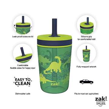 Zak Designs Kelso 15 oz Tumbler Set, (Dino Camo) Non-BPA Leak-Proof Screw-On Lid with Straw Made of Durable Plastic and Silicone, Perfect Baby Cup Bundle for Kids (2pc Set)