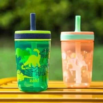 Zak Designs Kelso 15 oz Tumbler Set, (Dino Camo) Non-BPA Leak-Proof Screw-On Lid with Straw Made of Durable Plastic and Silicone, Perfect Baby Cup Bundle for Kids (2pc Set)