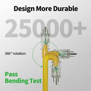 POWGRN 50 ft 12/3 Outdoor Extension Cord Waterproof Heavy Duty with Lighted Indicator End 12 Gauge 3 Prong, Flexible Cold-Resistant Long Power Cord Outside, 15Amp 1875W SJTW Yellow ETL Listed