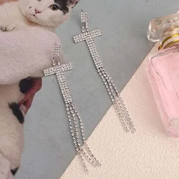 Initial Rhinestone Earrings Sparkle Alphabet Dangle Drop Earrings Clear Crystal Tassel Chandelier Statement Earrings for Women Party Jewelry (T, Silver)