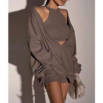 ECDAHICC Women's Two Piece Outfits Knitted Halter Neck Crop Tank Tops and Oversized Off Shoulder Deep V Neck Pullover Sweater (BR,M)