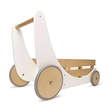 Kinderfeets 2-in-1 Wooden Cargo Walker Cart Wagon with Adjustable Rubber Wheels and Removable Basket for Children and Toddlers (White)