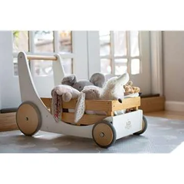 Kinderfeets 2-in-1 Wooden Cargo Walker Cart Wagon with Adjustable Rubber Wheels and Removable Basket for Children and Toddlers (White)