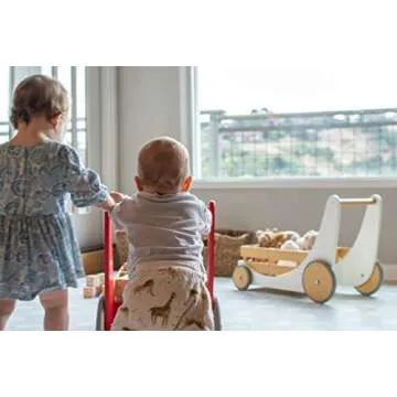 Kinderfeets 2-in-1 Wooden Cargo Walker Cart Wagon with Adjustable Rubber Wheels and Removable Basket for Children and Toddlers (White)