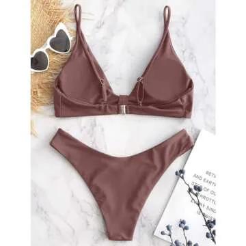 ZAFUL Women's Tie Knot Front Spaghetti Strap High Cut Bikini Set Swimsuit (1-Coffee, S)