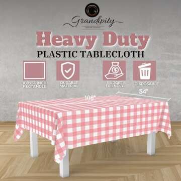Grandipity 12 Pack Premium Disposable Plastic Tablecloth 54 Inch. x 108 Inch. Decorative Rectangle Table Cover - Pink Checkered Gingham