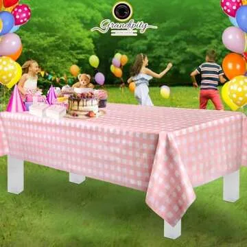 Grandipity 12 Pack Premium Disposable Plastic Tablecloth 54 Inch. x 108 Inch. Decorative Rectangle Table Cover - Pink Checkered Gingham