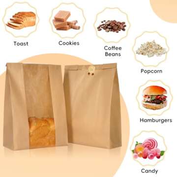 Funcoo 100 Pcs Paper Bread Bag for Home Bread Sourdough Bread Bakery Storage Bags with Window£¬Large Bakery Bread Loaf Bags for Baked Goods Packaging, Label Seal sticker included