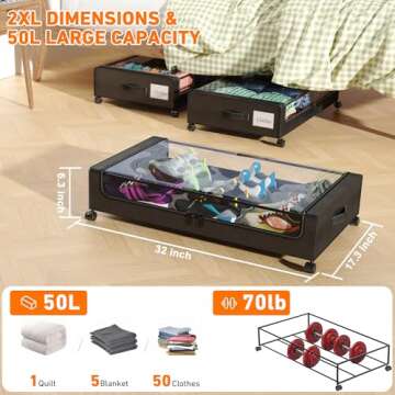 Under Bed Storage with Wheels, XXL 65L Organizer Bins