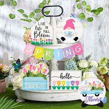 15 Pcs Spring Tiered Tray Decor Hello Spring Wooden Tray Decor Colorful Flower Wooden Tabletop Signs Watercolor Tulip Blocks with Holder for Spring Easter Home Kitchen Shelf Decor(Spring)