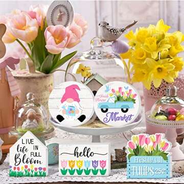 15 Pcs Spring Tiered Tray Decor Hello Spring Wooden Tray Decor Colorful Flower Wooden Tabletop Signs Watercolor Tulip Blocks with Holder for Spring Easter Home Kitchen Shelf Decor(Spring)