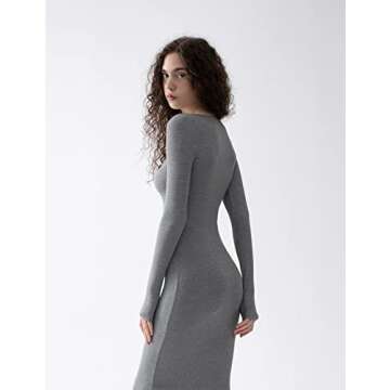 PUMIEY Long Sleeve Dress for Women Square Neck Maxi Dress Sexy Bodycon Fall Dresses for Women Grey Dress Stone Medium