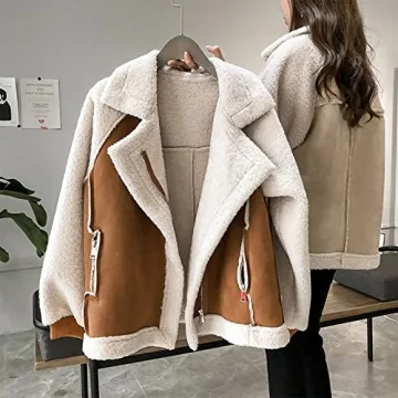 OSMUAL Women's Cozy Lambswool Biker Jacket for Winter