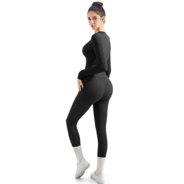 SUUKSESS Women 2 Piece Seamless Ribbed Workout Sets With Zip Up Jacket High Waisted Gym Yoga Leggings (Black,L)