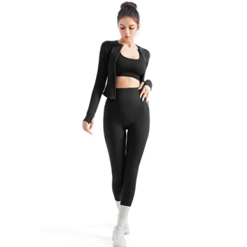 SUUKSESS Women 2 Piece Seamless Ribbed Workout Sets With Zip Up Jacket High Waisted Gym Yoga Leggings (Black,L)