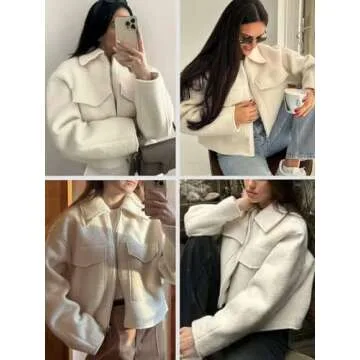 hathne Women's Wool Coat Casual Copped Bomber Jacket Zip Up Fall Shacket Coat Outerwear with Pockets(Beige,M)