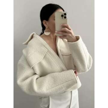 hathne Women's Wool Coat Casual Copped Bomber Jacket Zip Up Fall Shacket Coat Outerwear with Pockets(Beige,M)