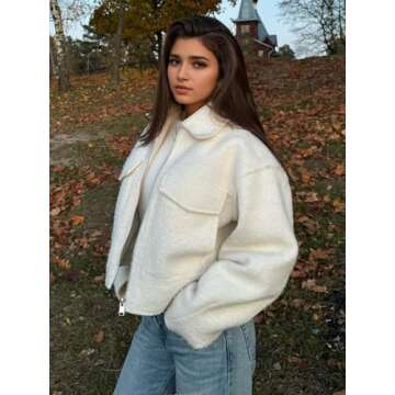 hathne Women's Wool Coat Casual Copped Bomber Jacket Zip Up Fall Shacket Coat Outerwear with Pockets(Beige,M)