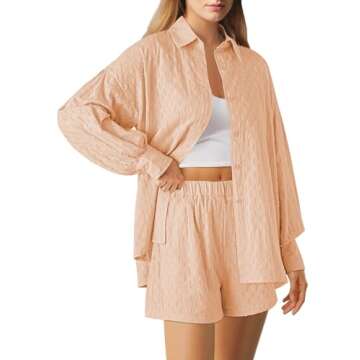 HAPCOPE Women's 2 Piece Sweatsuits Outfit - Chic Long Sleeve Blouse with High Waisted Shorts