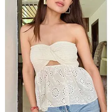 MISSACTIVER Women Twist Knot Knit Bandeau Tube Top Embroidery Strapless Off Shoulder Backless Hollow Crop Tank Corset Top(Medium,Apricot)