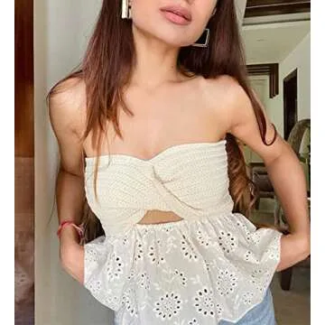 MISSACTIVER Women Twist Knot Knit Bandeau Tube Top Embroidery Strapless Off Shoulder Backless Hollow Crop Tank Corset Top(Medium,Apricot)