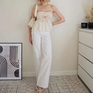 MISSACTIVER Women Twist Knot Knit Bandeau Tube Top Embroidery Strapless Off Shoulder Backless Hollow Crop Tank Corset Top(Medium,Apricot)