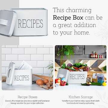 Farmhouse Recipe Tin Box | Decorative Tin Box, Recipe Card Holder, Storage Box for Kitchen Recipes Cards.
