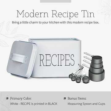 Farmhouse Recipe Tin Box | Decorative Tin Box, Recipe Card Holder, Storage Box for Kitchen Recipes Cards.