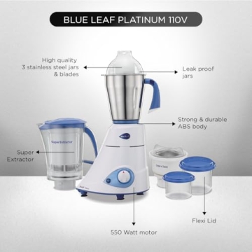 Preethi Blue Leaf Platinum 550W Mixer Grinder for Indian Cooking