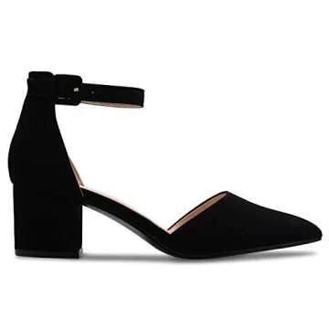 Olivia K Women's Classic Pumps Close Toe Ankle Strap Kitten Heel - Adorable Low Block Heel Black Nub...