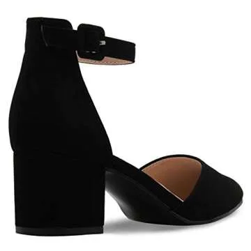 Olivia K Women's Classic Pumps Close Toe Ankle Strap Kitten Heel - Adorable Low Block Heel Black Nubuck