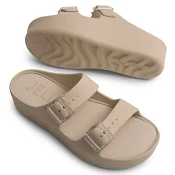 Lemon Jelly Women's Platform Sandals - Casual Double-Buckled Water-Friendly Wedges for Beach - Comfortable, Lightweight Slip-On Sandals for Ladies - Cute, Versatile Chunky Summer Slides - Desert