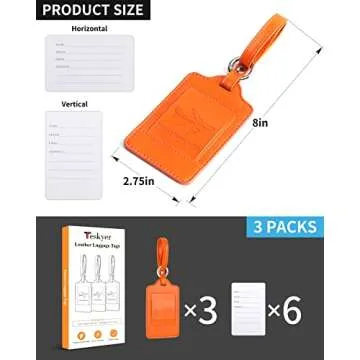 Teskyer Luggage Tags, 3 Pack Premium PU Leather Luggage Tags for Suitcases, Privacy Protection Travel Bag Tags, Orange