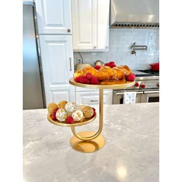 Gemmell Design Gold Cake Stand, Decorative Cake Holder, 2 Tier, Cupcake Holder, Tiered Tray, Dessert Display Plate for Baby Shower, Birthday, Wedding (VM-01)