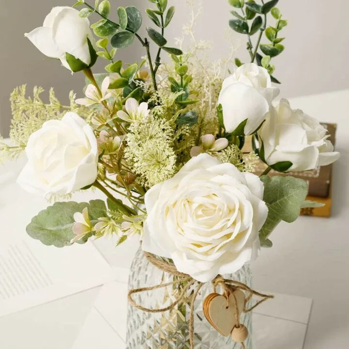 Faux Silk Roses Arrangement in Vase for Home Decor